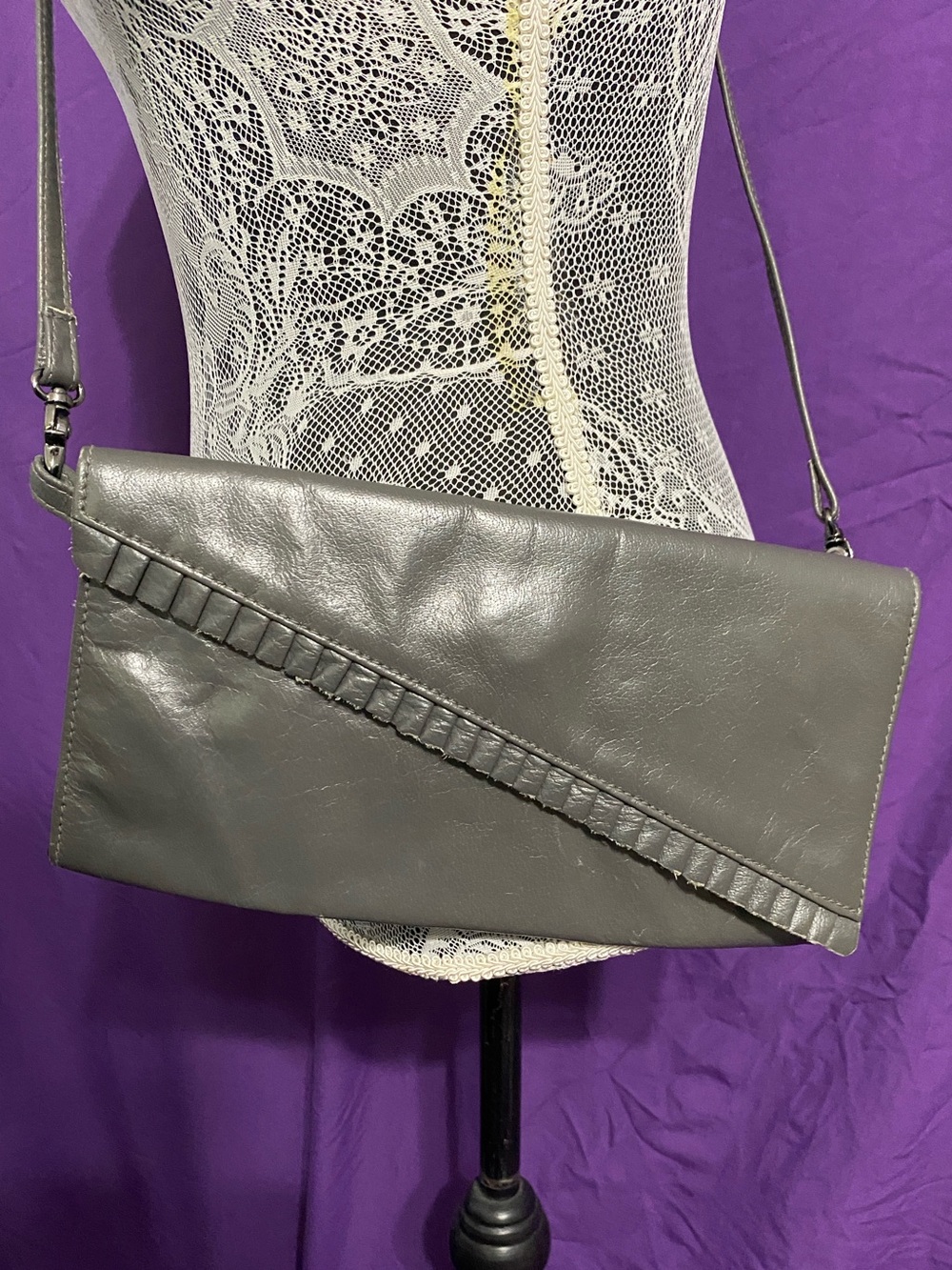 Industry Gray Leather Crossbody Bag with Diagonal Pleat Trim